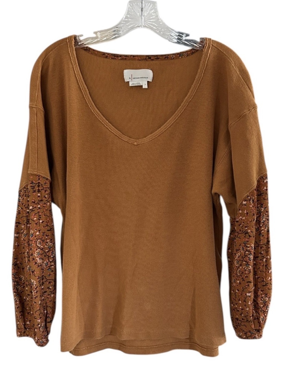 By Anthropologie Annette Orange Rust Waffle Knit Top Size Small Floral Sleeves